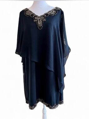 J Kara Navy Chiffon Midi Dress with Gold Embroidered Trim